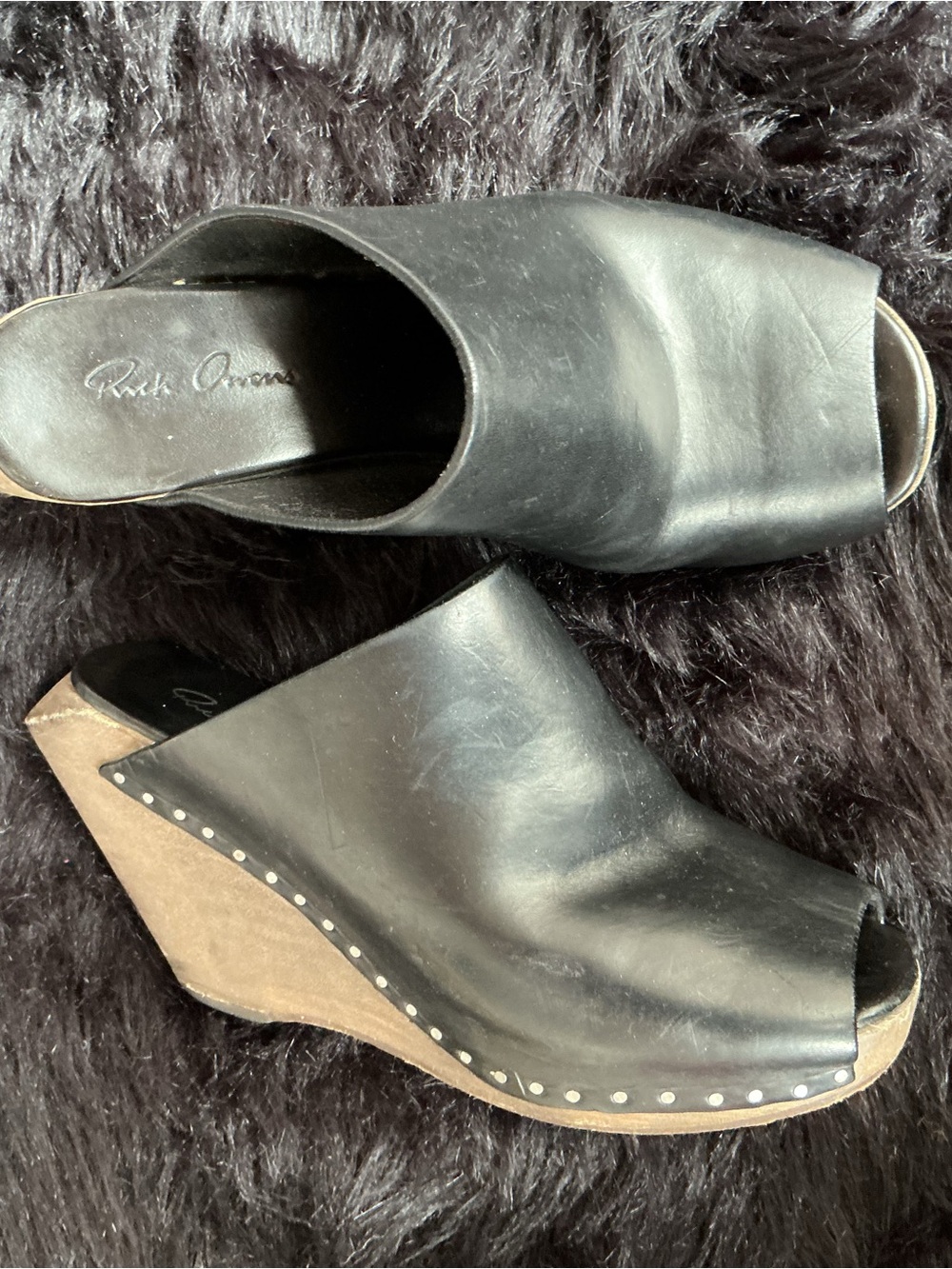 Rick Owens Black Leather Open-Toe Wedge Mules